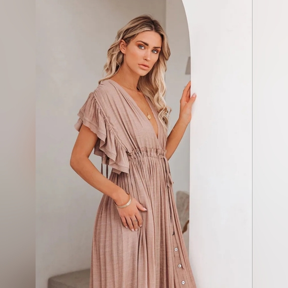 NEW Boho Plunge Gauze Cover Up Maxi Dress Button Front Nude Blush Beige Tan - Picture 2 of 10